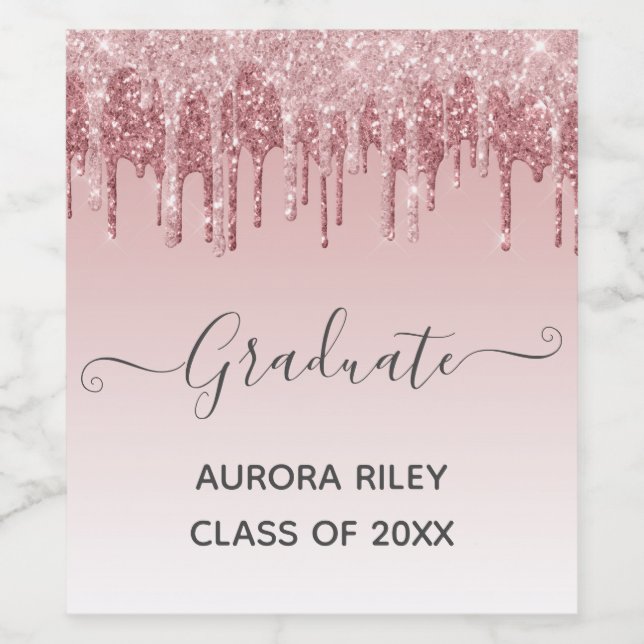 Glam Blush Pink Gold Dripping Glitter Graduation Wine Label (Single Label)