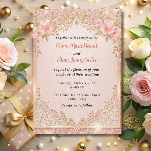 glam blush pink Gold Glitter Floral wedding  Invitation