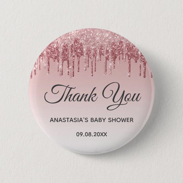 Glam Blush Pink Gold Glitter Thank You Baby Shower 2 Inch Round Button (Front)