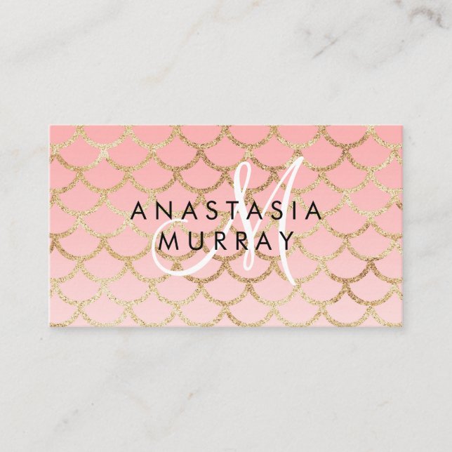 Glam Blush Pink Gold Mermaid Glitter Monogram Name Business Card (Front)