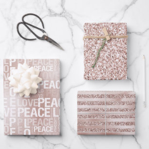 Glam Blush Pink Peace Love Glitter Wrapping Paper Sheet