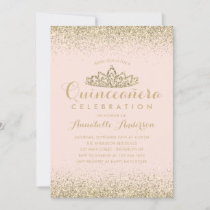 Glam Blush Pink Quinceañera Gold Tiara Glitter Invitation