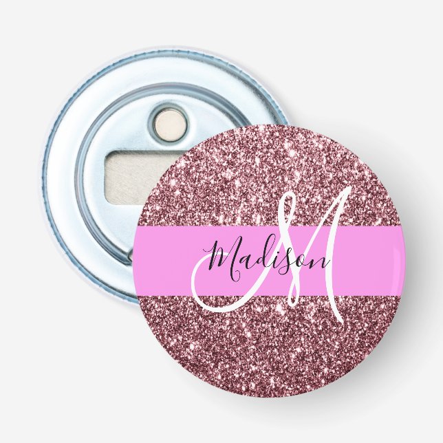 Glam Blush Pink Rose Gold Glitter Sparkle Monogram Bottle Opener (Front)