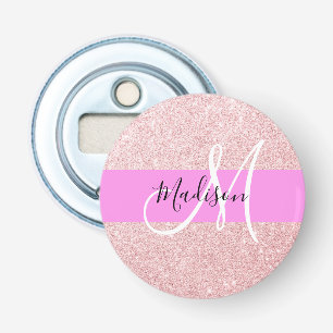 Glam Blush Pink Rose Gold Glitter Sparkle Monogram Bottle Opener