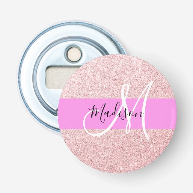 Glam Blush Pink Rose Gold Glitter Sparkle Monogram Bottle Opener (Front)
