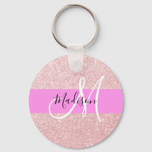 Glam Blush Pink Rose Gold Glitter Sparkle Monogram Keychain (Front)