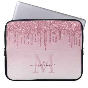 Glam Blush Pink Rose Gold Glitter Sparkle Monogram Laptop Sleeve