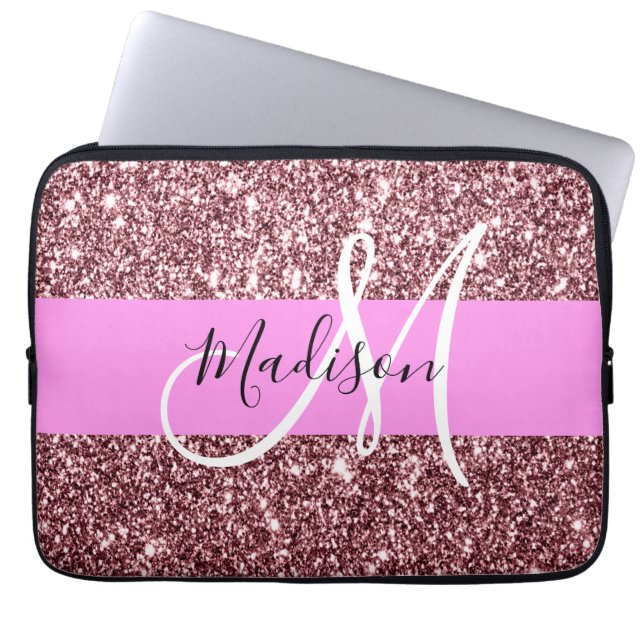Glam Blush Pink Rose Gold Glitter Sparkle Monogram Laptop Sleeve (Front)
