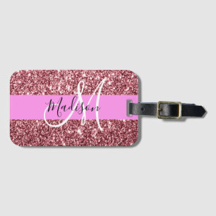 Glam Blush Pink Rose Gold Glitter Sparkle Monogram Luggage Tag
