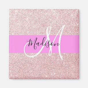 Glam Blush Pink Rose Gold Glitter Sparkle Monogram Magnet