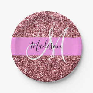 Glam Blush Pink Rose Gold Glitter Sparkle Monogram Paper Plate