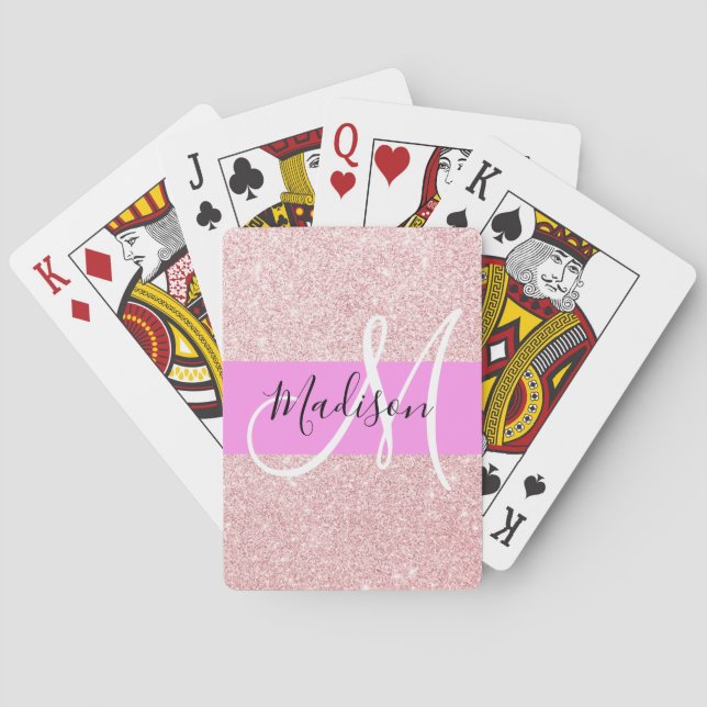 Glam Blush Pink Rose Gold Glitter Sparkle Monogram Playing Cards (Back)