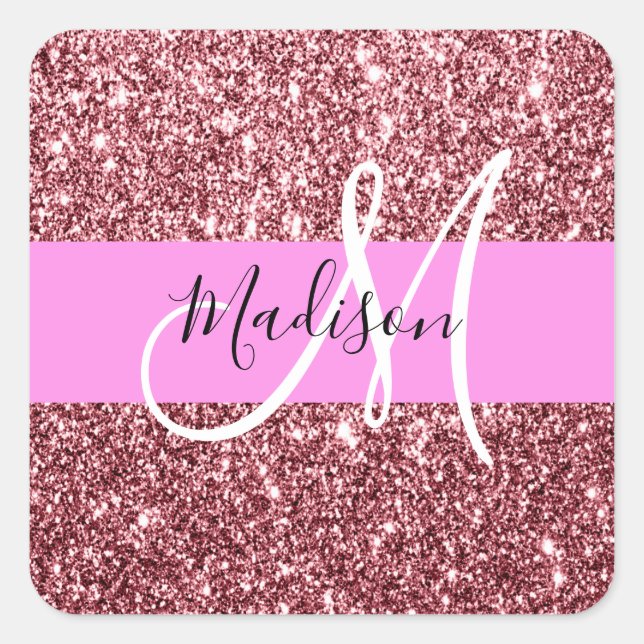 Glam Blush Pink Rose Gold Glitter Sparkle Monogram Square Sticker (Front)