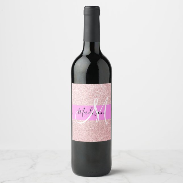 Glam Blush Pink Rose Gold Glitter Sparkle Monogram Wine Label (Front)