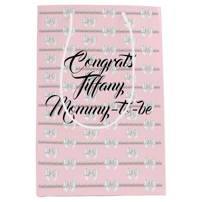 Glam Blush Pink Tiffany Pearls Theme Baby Shower Medium Gift Bag (Front)