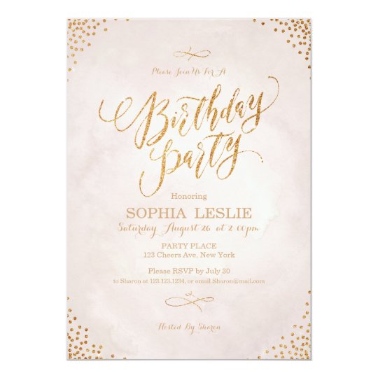 Glam blush rose gold calligraphy birthday party card