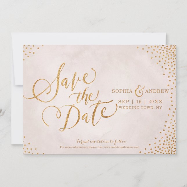 Glam blush rose gold calligraphy save the date (Front)