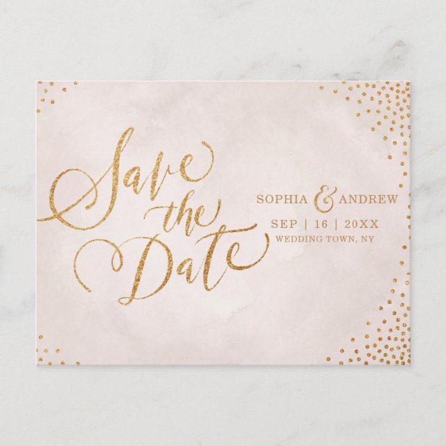 Glam blush rose gold calligraphy save the date announcement postcard (Front)
