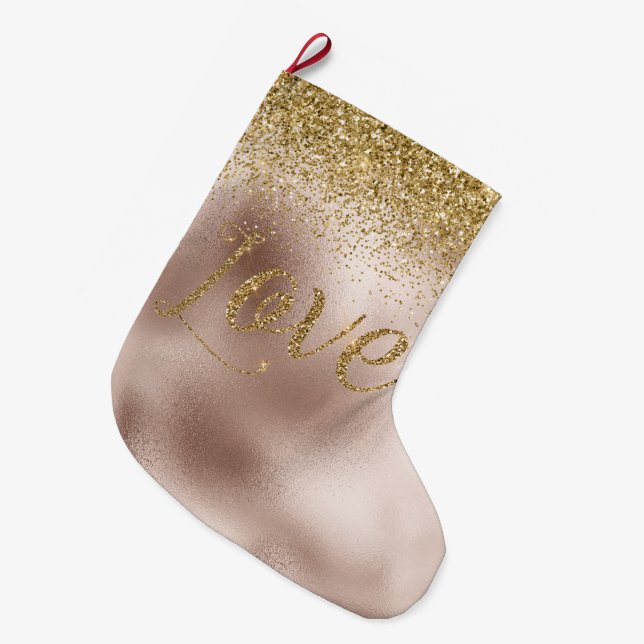 Glam Blush Rose Gold Glitter Love Large Christmas Stocking (Front (Hanging))