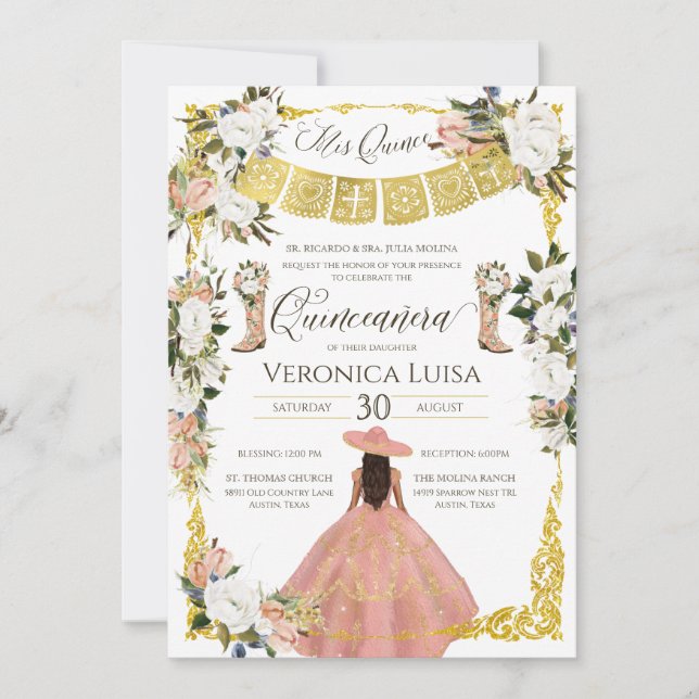 Glam Blush White Gold Charro Floral Quinceañera  I Invitation (Front)
