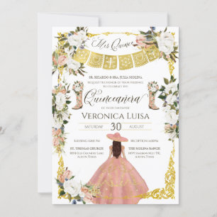 Glam Blush White Gold Charro Floral Quinceañera Invitation