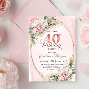 Glam Boho Dusty Pink Flowers 40th Birthday Invite