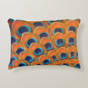 Glam Boho Orange Blue Peacock Feathers Accent Pillow
