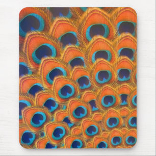 Glam Boho Orange Blue Peacock Feathers Mouse Pad