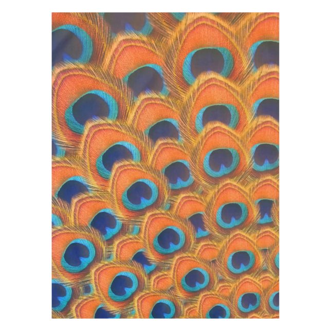 Glam Boho Orange Blue Peacock Feathers Tablecloth (Front)