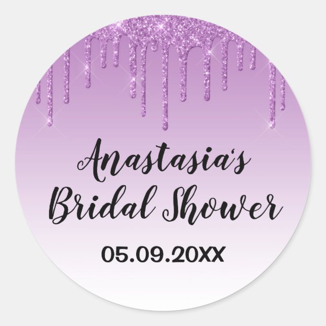 Glam Bridal Shower Purple Glitter Drips Sparkle Classic Round Sticker (Front)