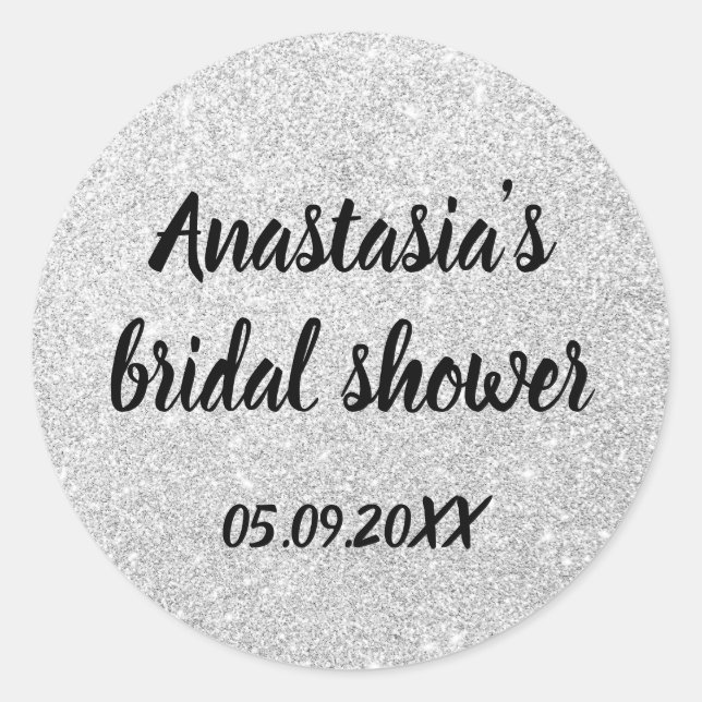 Glam Bridal Shower Silver Glitter Sparkles Name Classic Round Sticker (Front)