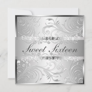 Glam Bright Silver Floral Pattern Sweet Sixteen Invitation
