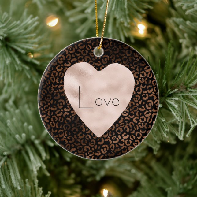 Glam Brown Black Leopard Print Heart Ceramic Ornament (Tree)