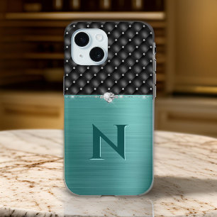 Glam Brushed Green Metal and Faux Leather Look iPhone 15 Case