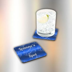 Glam Brushed Metal and Glitter Blue Monogram Coaster