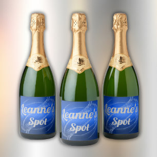 Glam Brushed Metal and Glitter Blue Monogram Sparkling Wine Label