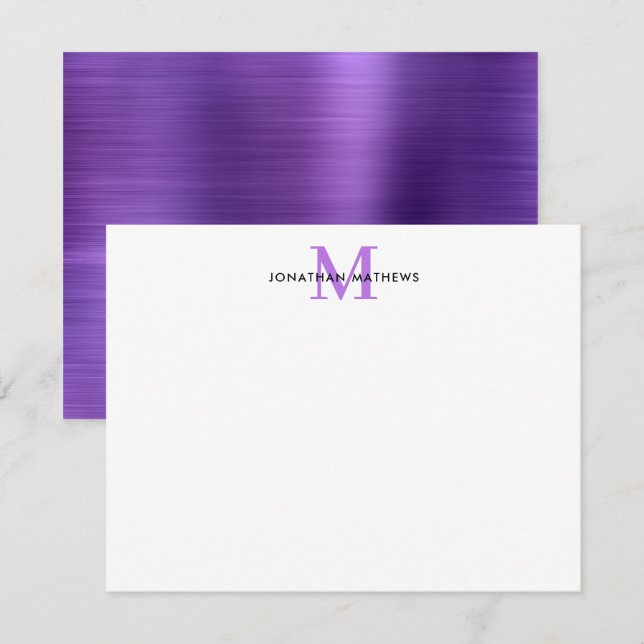 Glam Brushed Metal Purple Classic Monogram Card (Front/Back)