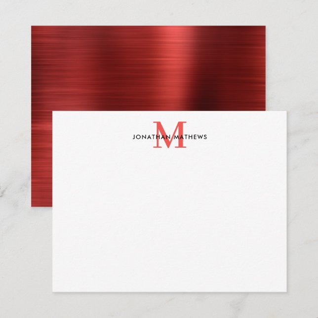 Glam Brushed Metal Ruby Red Classic Monogram Card (Front/Back)