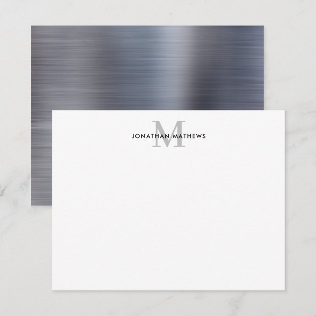Glam Brushed Metal Silver Grey Classic Monogram Card (Front/Back)