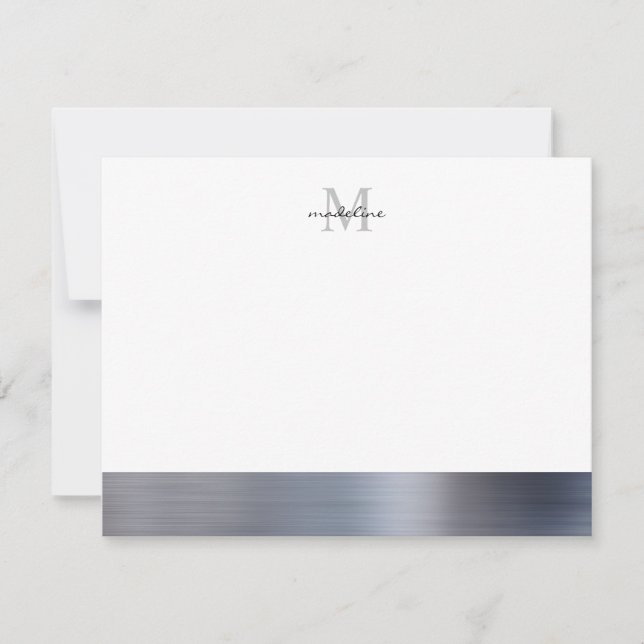 Glam Brushed Metal Silver Grey Girly Monogram Card (Front)