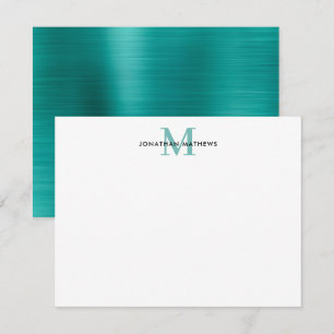 Glam Brushed Metal Teal Green Classic Monogram Card