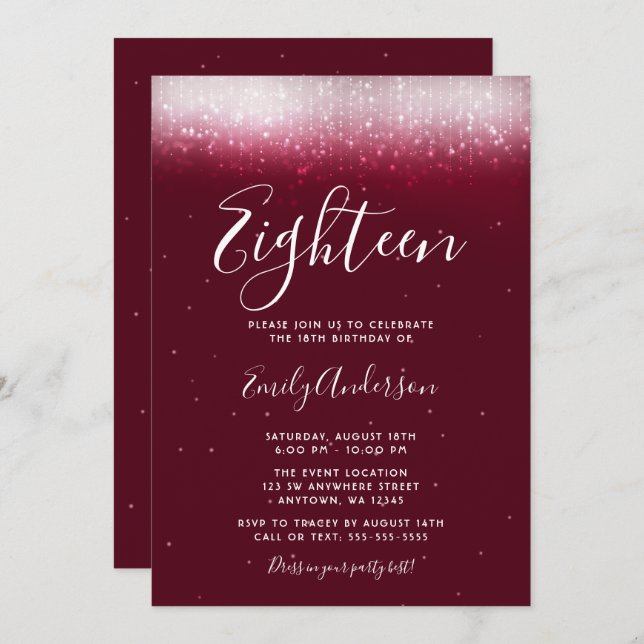 Glam Burgundy 18th Birthday Invitation (Front/Back)