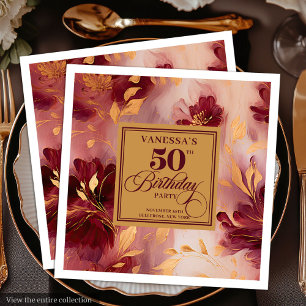 Glam Burgundy Blush Gold Floral 50th Birthday   Napkin
