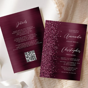 Glam Burgundy Brushed Metal QR Code Wedding Invitation