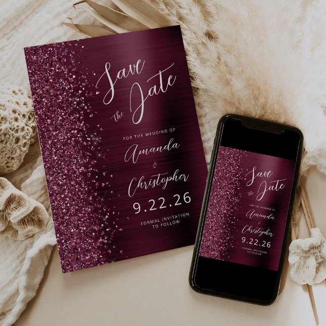 Glam Burgundy Brushed Metal Script Save the Date Announcement (Creator Uploaded)