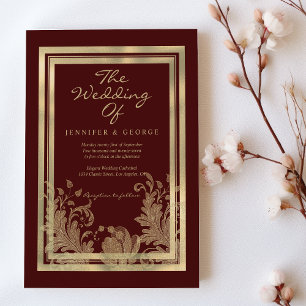 Glam burgundy gold glitter floral wedding invitation