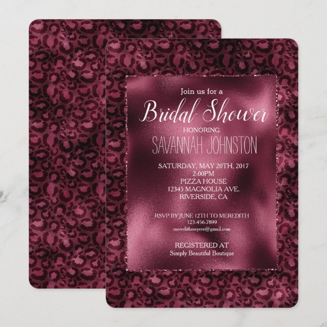 Glam Burgundy Leopard Print Bridal Shower Invitation (Front/Back)