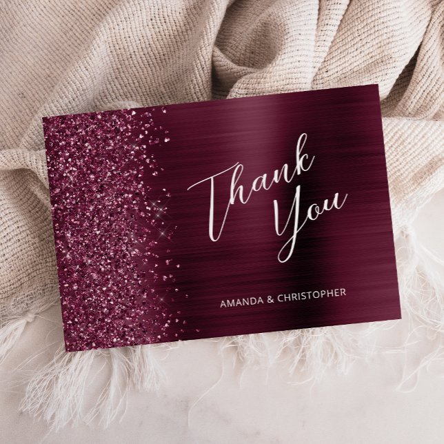 Glam Burgundy Metallic Wedding Flat Thank You Card (Creator Uploaded)