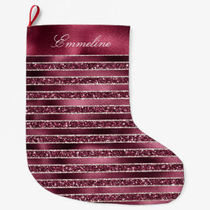 Glam Burgundy Red Glitter Stripes Large Christmas Stocking