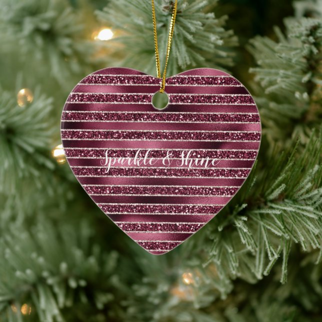 Glam Burgundy Red Rose Blush Glitter Stripes    Ceramic Ornament (Tree)